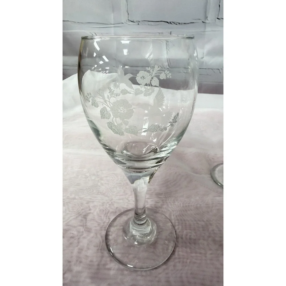 Vintage Etched Hummingbird Wine/Water Glasses Set of 4 7.5 Inches & 2 Votives